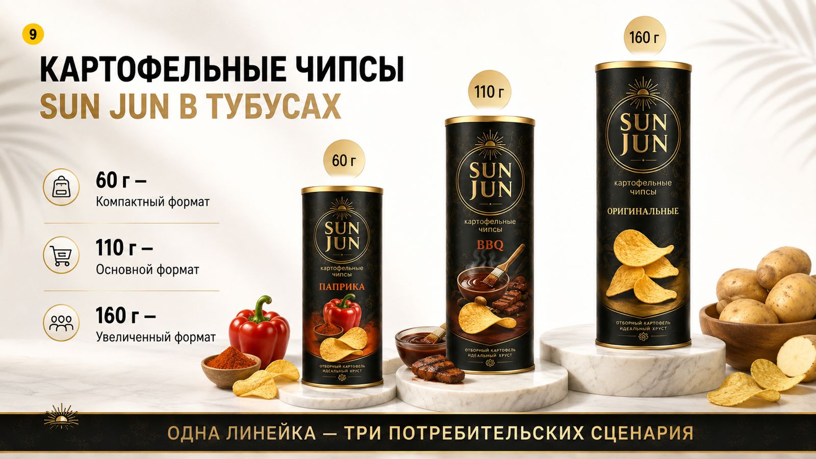 Три формата чипсов SUN JUN: 60, 110 и 160 г